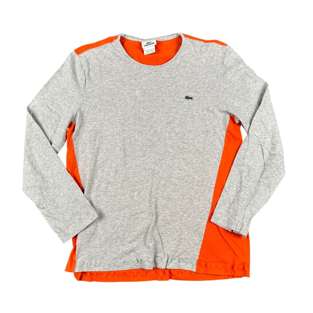 Lacoste Mens 5 L Orange Gray Colorblock Long Sleeve Crewneck Tee Shirt Croc Logo